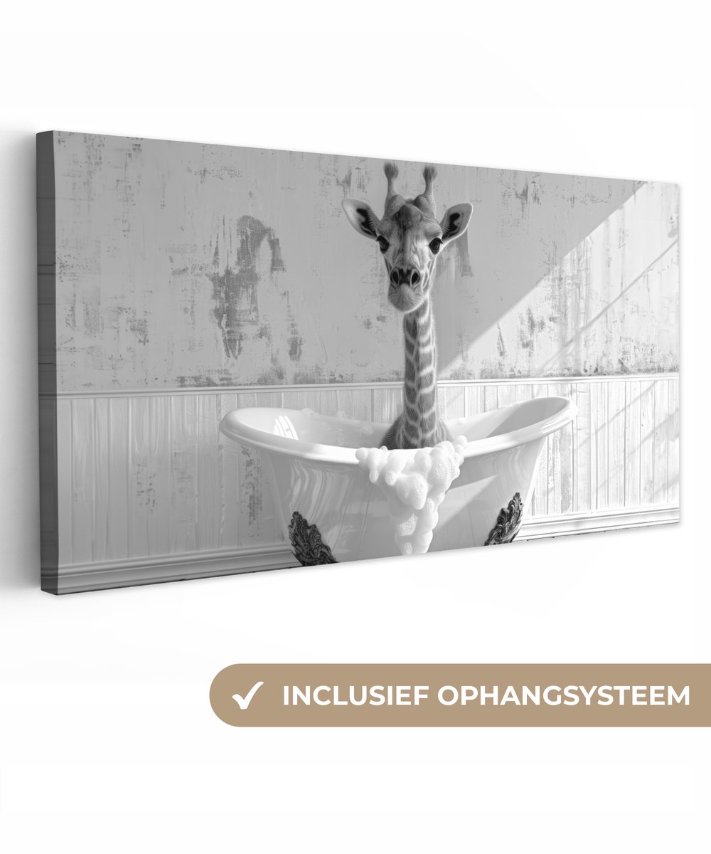 Canvas schilderij 80x40 cm - Wanddecoratie badkamer Giraffe - Dier - Badkuip - Vintage - Z