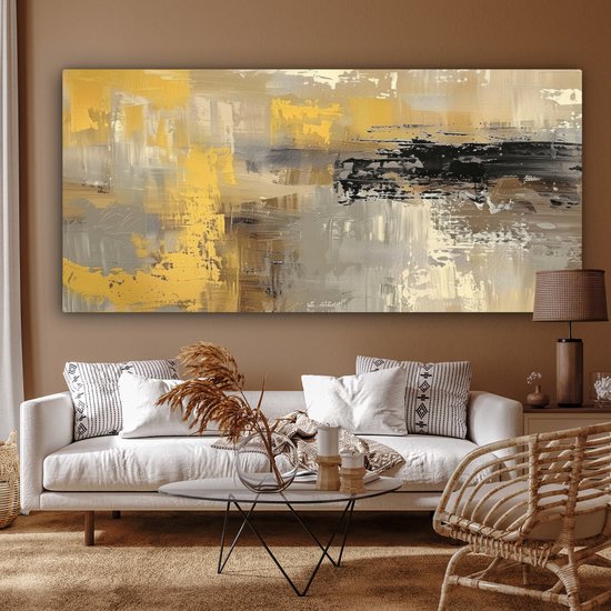 Tableau sur toile 200x100 cm - Décoration murale Abstraite - Jaune - Moderne - Beige - Décoration murale salon - Décoration chambre - Accessoires chambre - Peintures sur toile
