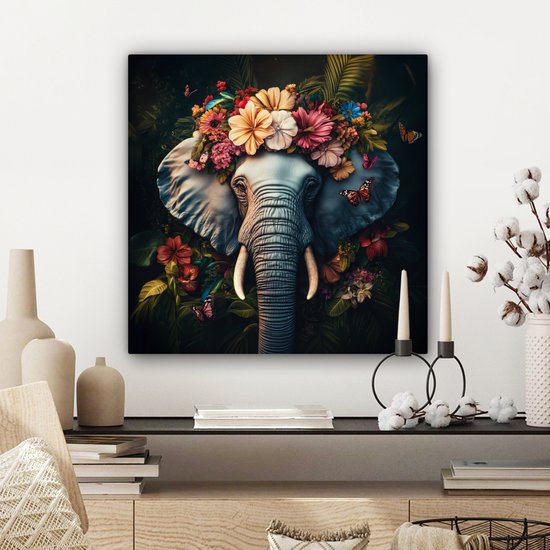 Tableau sur toile 50x50 cm - Décoration murale Éléphant - Animaux - Fleurs - Nature - Décoration murale salon - Décoration chambre - Accessoires chambre - Peintures