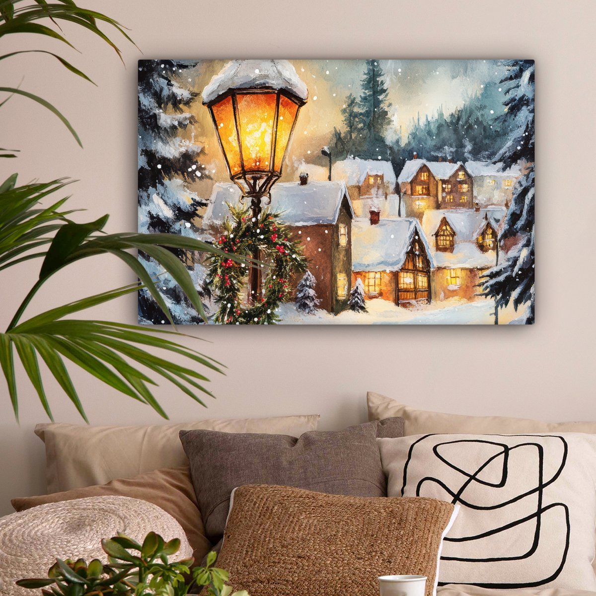 Canvas schilderij 90x60 cm - Wanddecoratie Kerstdorp - Huizen - Sneeuw - Kerst - Muurdecoratie woonkamer - Slaapkamer decoratie - Kamer accessoires - Schilderijen op canvas - Kerstdecoratie voor binnen - Kerstversiering - Kerstmis versiering – foto 4