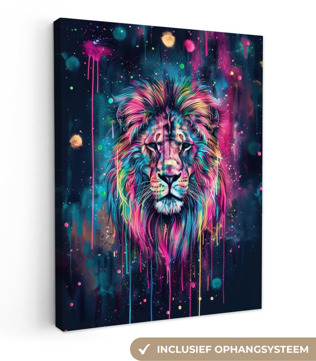Canvas schilderij 120x160 cm - Wanddecoratie Leeuw - Verf - Kleurrijk - Zwart - Dieren - M