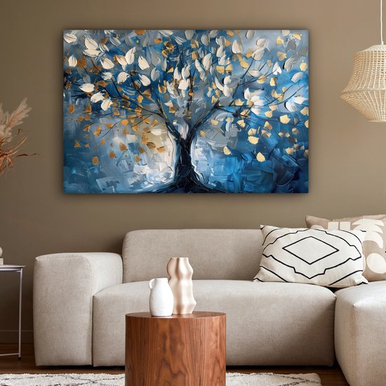 Peinture sur toile 120x80 cm - Décoration murale Arbre - Blauw - Or - Abstrait - Décoration murale murale salon - Décoration chambre - Accessoires de chambre - Peintures