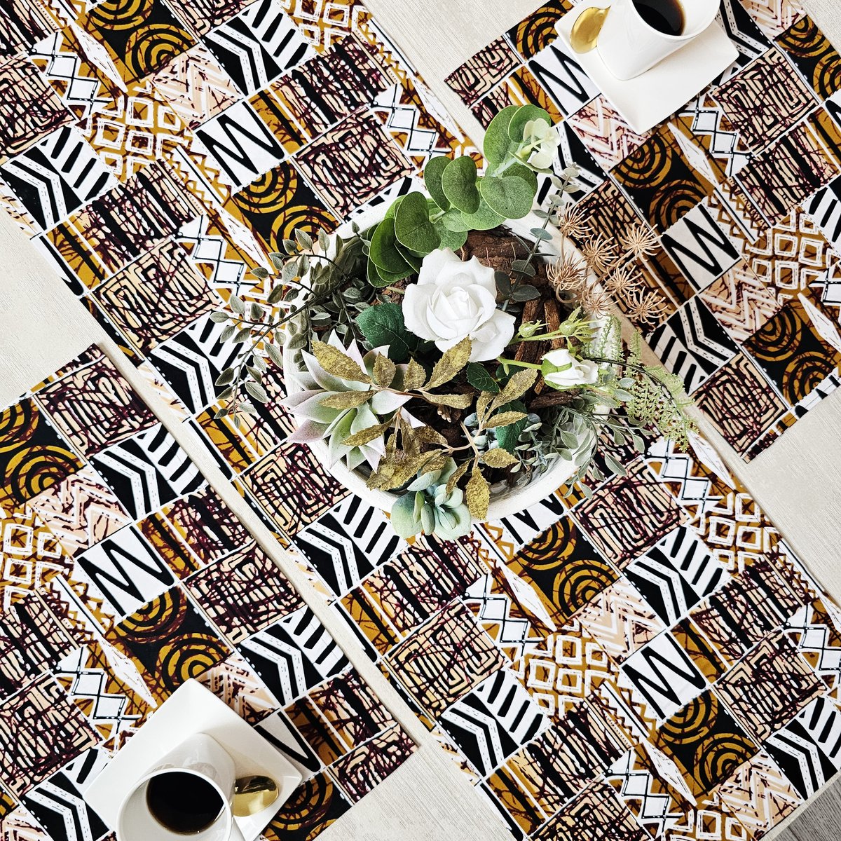Table Runner 180x35cm | Set of 4 Placemats | Ethnic African Print 100% Cotton Fabric