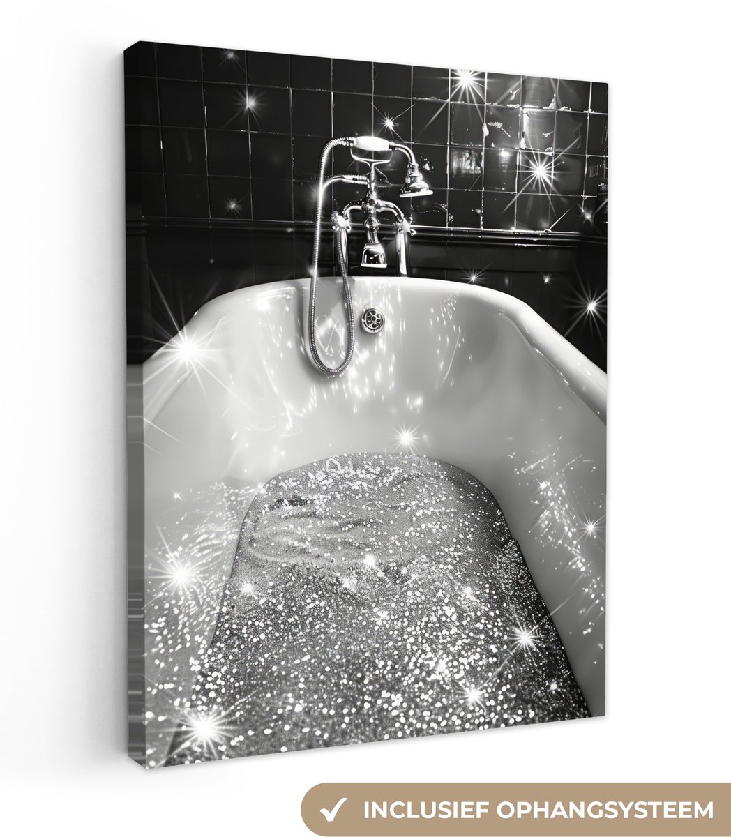 Canvas schilderij 120x160 cm - Wanddecoratie badkamer Badkuip - Glitters - Zwart wit - Bad