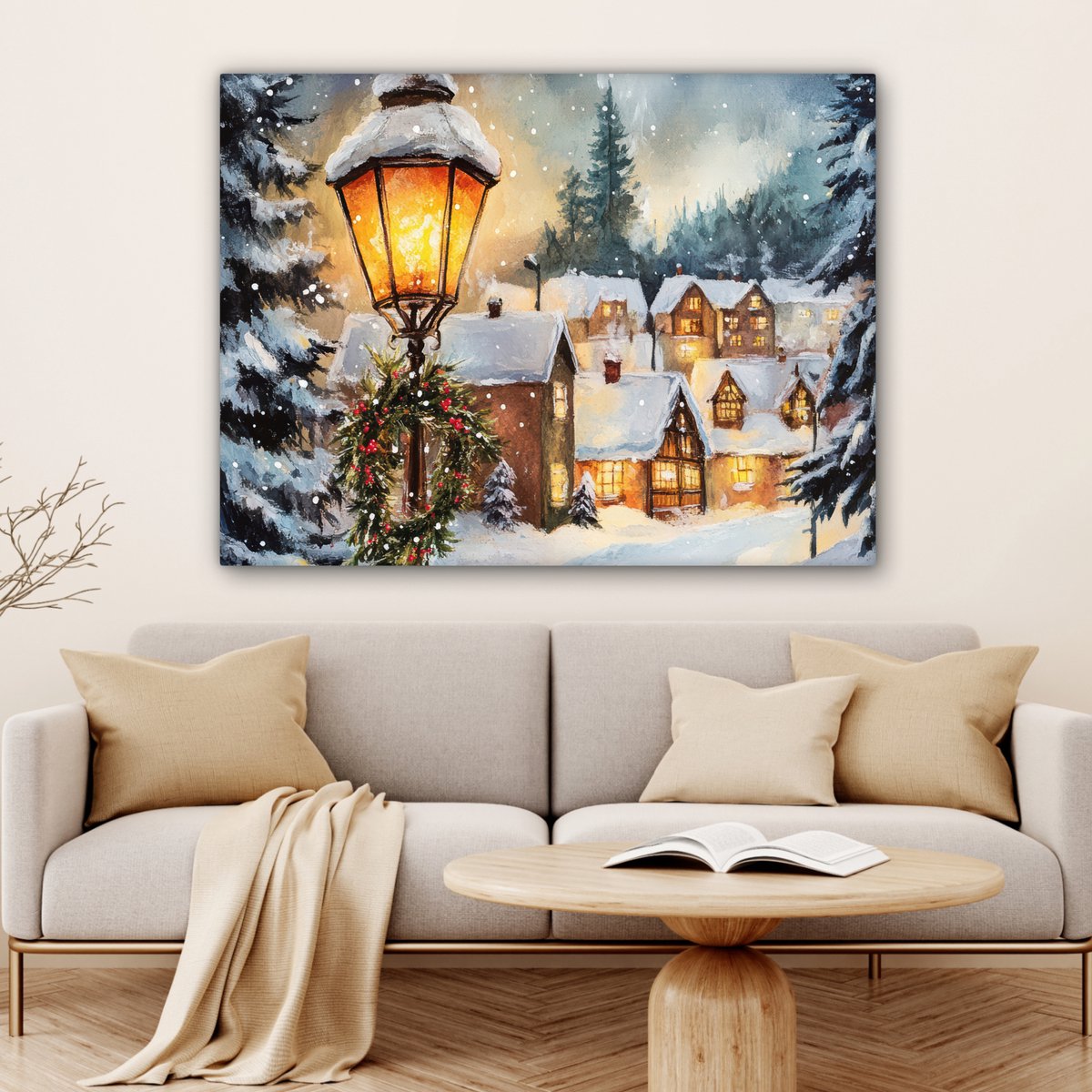 Canvas schilderij 120x90 cm - Wanddecoratie Kerstdorp - Huizen - Sneeuw - Kerst - Muurdecoratie woonkamer - Slaapkamer decoratie - Kamer accessoires - Schilderijen op canvas - Kerstdecoratie voor binnen - Kerstversiering - Kerstmis versiering – foto 2