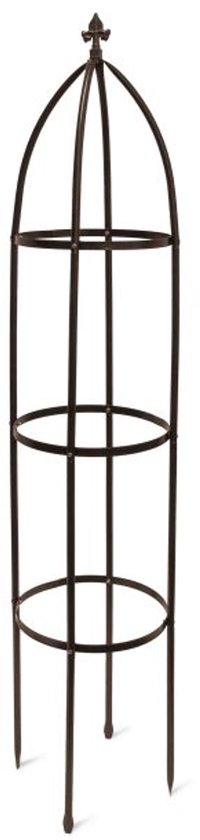 Hoge, bruine, metalen plantensteun met drie ringen en een fleur-de-lis top.