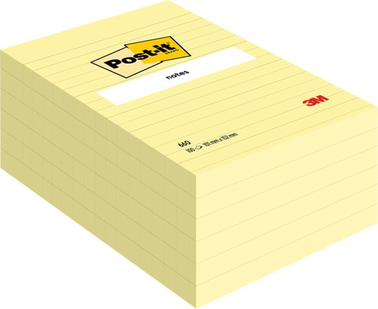 Een dik pak Post-it Notes met gele lijntjes en een Post-it logo.