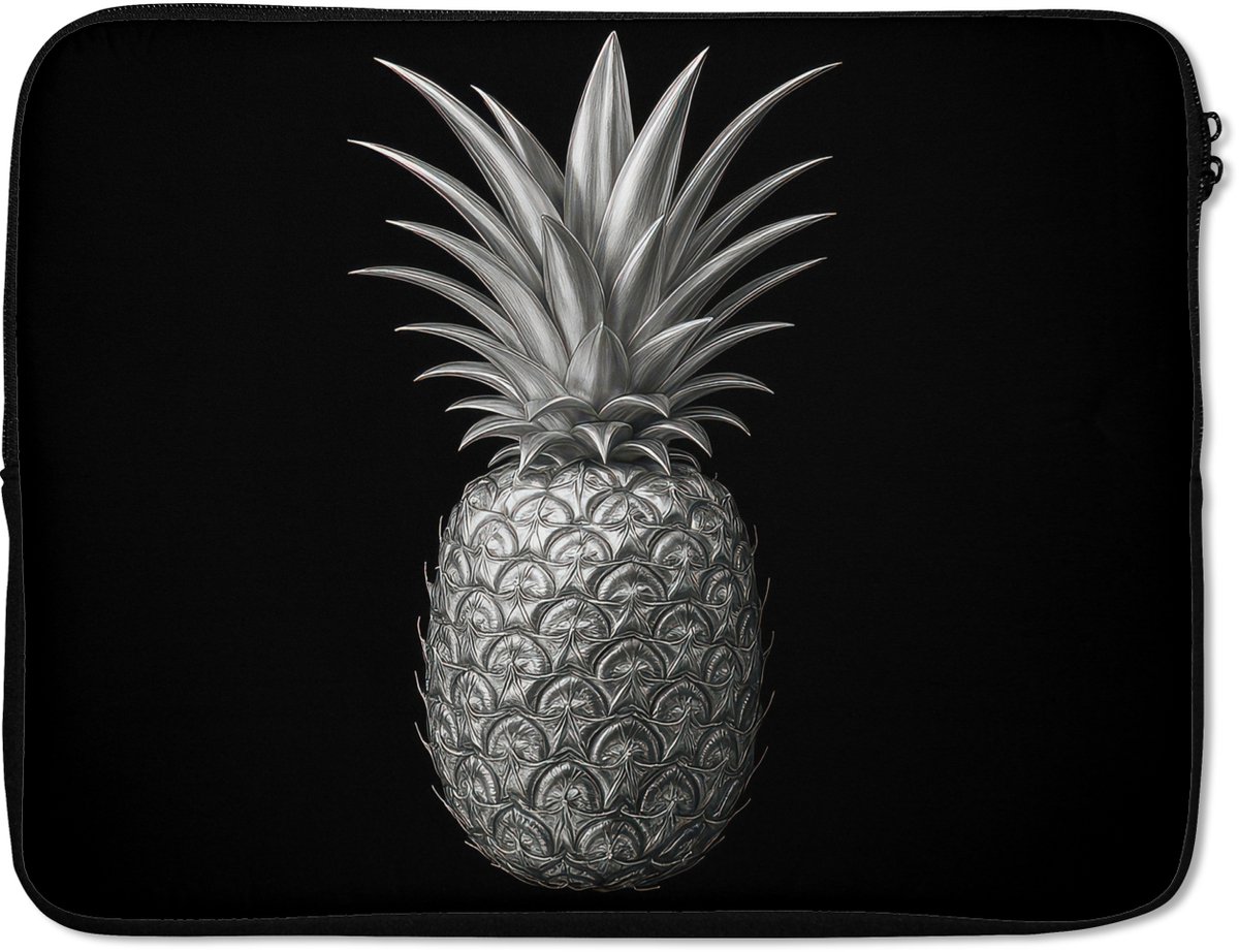 Laptophoes 15.6 inch - Ananas - Gedetailleerd - Bladeren - Laptop sleeve - Binnenmaat 37x26 cm - Zwarte achterkant
