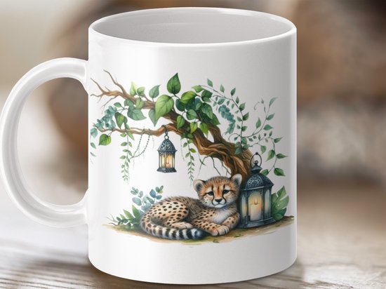 Mok met Cheetah Welp, Aquarel Kunst, Jungle Dieren Design, Natuur Mok, Unieke Koffiemok, Cadeau Idee, Dierenliefhebber Mok