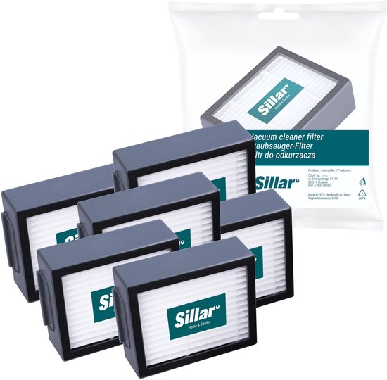 Zes Sillar stofzuigerfilters, deels in plastic verpakking, met "x6" en productinformatie.