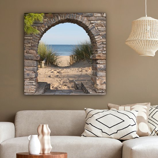 Canvas schilderij 90x90 cm - Wanddecoratie Doorkijk - Strand - Duin - Planten - Muurdecoratie woonkamer - Slaapkamer decoratie - Kamer accessoires - Schilderijen op canvas