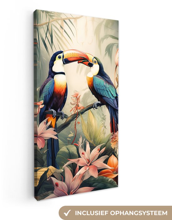 Tableau sur toile 40x80 cm - Décoration murale Toucan - Vogels - Bloem - Nature - Jungle - Décoration murale salon - Décoration chambre - Accessoires de chambre - Tableaux sur toile