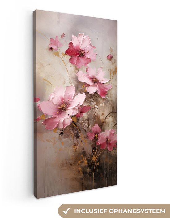 Opgespannen canvas met roze bloemen en de tekst 'Inclusief ophangsysteem'.