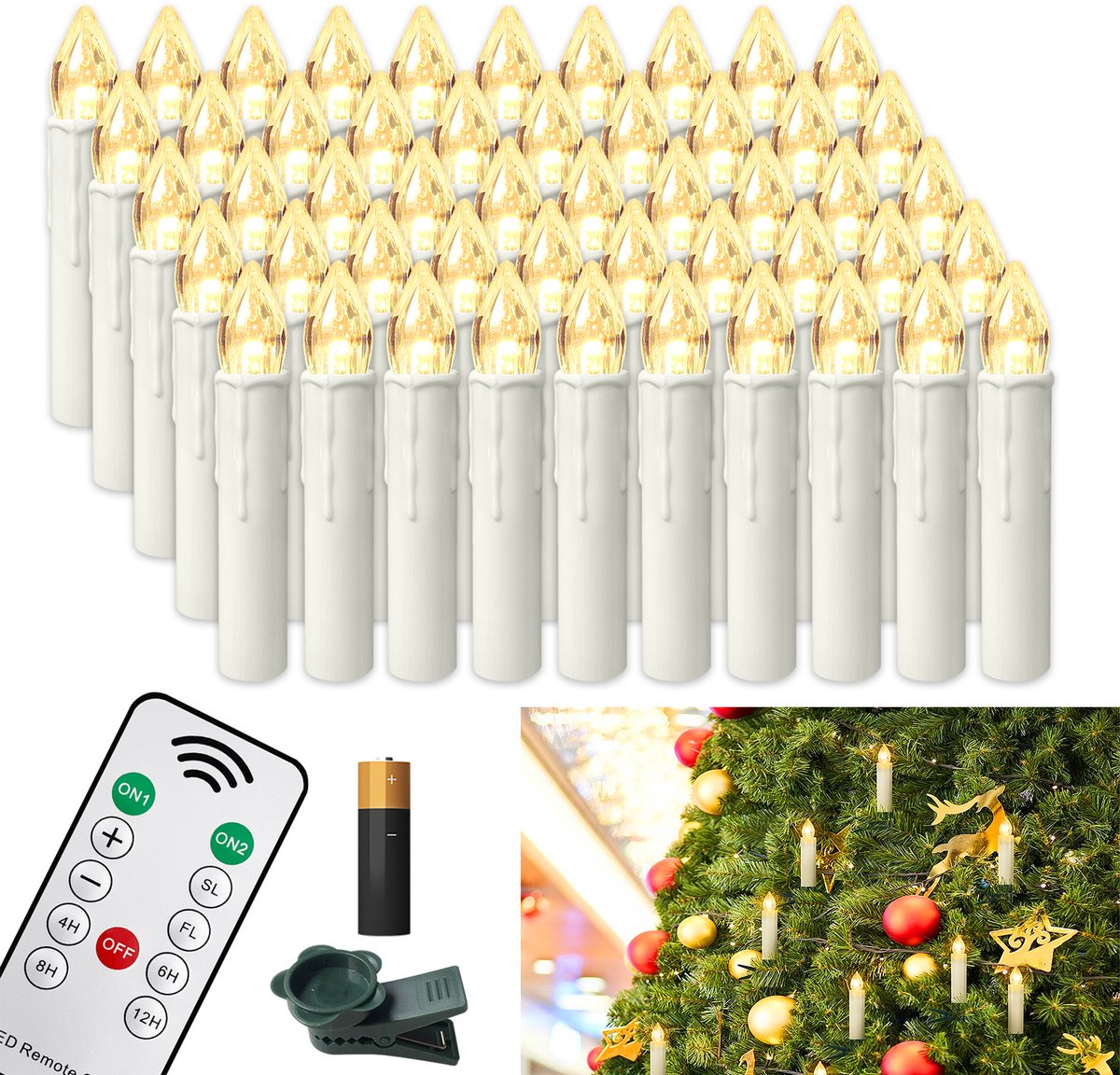 Froadp 50er LED Kerstkaarsen Draadloos Warmwit Met Timer Afstandsbediening Vlamloze Kerstboomkaarsen Voor Feestdagen, Feestjes, Kerstbomen, Huwelijken, Huwelijksdecoratie, Verjaardagen (Met Batterij)