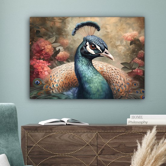 Tableau sur toile Paon - Vogel - Fleurs - Plantes - Plumes de Paon - 80x60 cm - Décoration murale