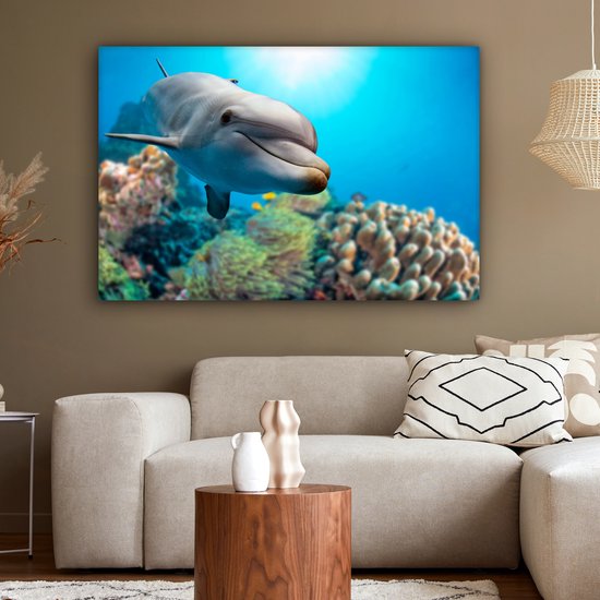 Canvas schilderij 120x80 cm - Wanddecoratie Dolfijn - Zee - Koraal - Muurdecoratie woonkamer - Slaapkamer decoratie - Kamer accessoires - Schilderijen op canvas