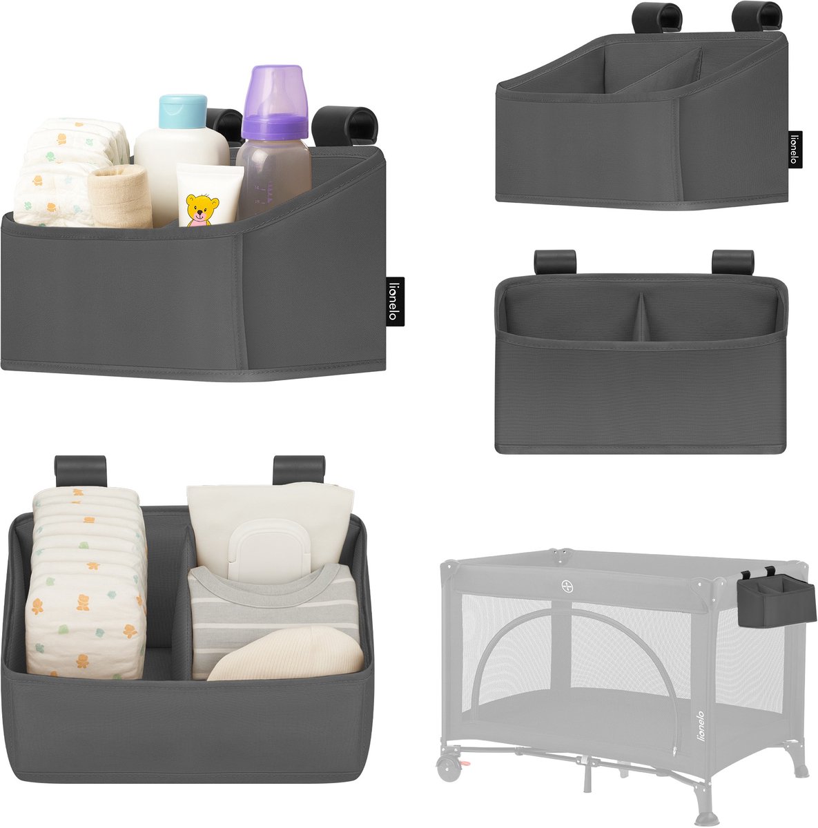 Lionelo Sidepocket Small – Bedside Pocket Wiegorganizer 26×12×15 cm – 2 vakken voor luiers, doekjes & accessoires – Voor reisbed, co-sleeper & box – Verstevigd, draagbaar & multifunctioneel