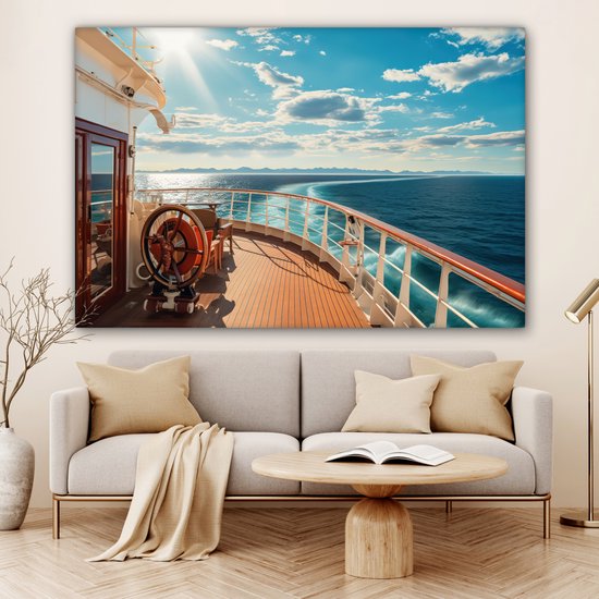 Tableau sur toile Bateau - Water - Mer - Navigation - Montagnes - Soleil - Maritime - 180x120 cm - Décoration murale XXL