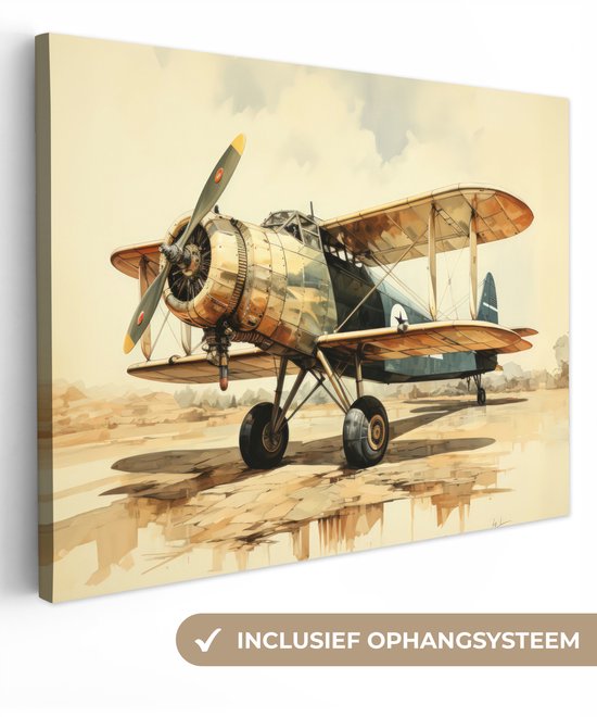 Peinture sur toile 80x60 cm - Décoration murale Vintage - Avion - Water - Beige - Véhicule - Décoration murale salon - Décoration chambre - Accessoires de chambre - Peintures