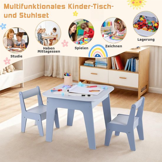 LIFEZEAL Kindertafel met 2 stoelen, houten tafelset met opbergruimte