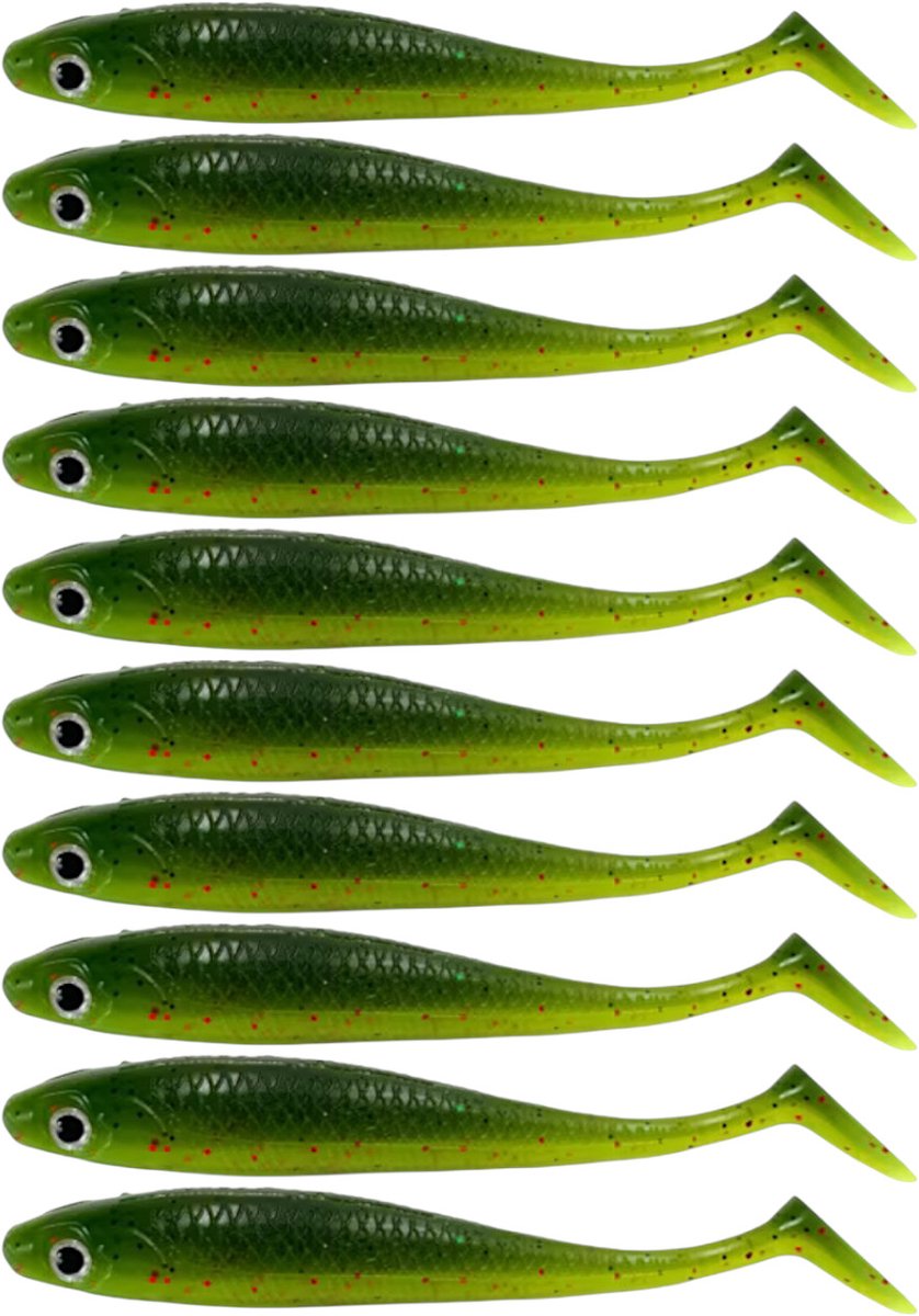 S&D | Shad Set 10 Stuks – 9cm / 5.5g – Lichtgroen – Realistisch Kunstaas met Glitters & Schubbenpatroon – Voor Snoek, Baars & Roofvis
