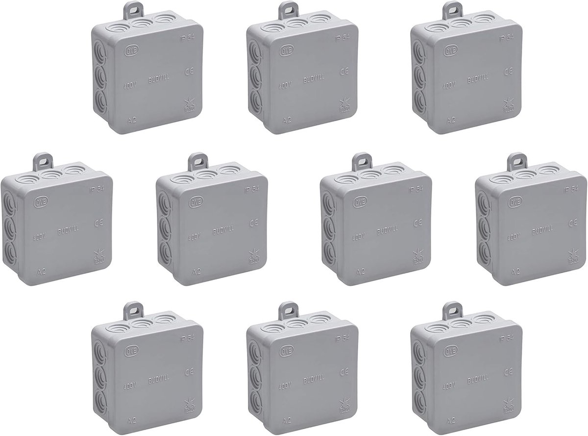 Aftakkast opbouw - 75 x 75 x 37 mm - 10 stuks - 12 kabelinvoeringen - spatwaterdicht, grijs