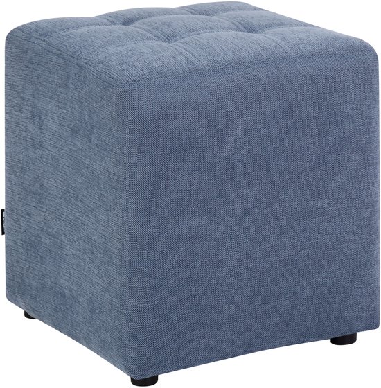 Vue d'angle d'un repose-pieds bleu rembourré avec boutons et étiquette.