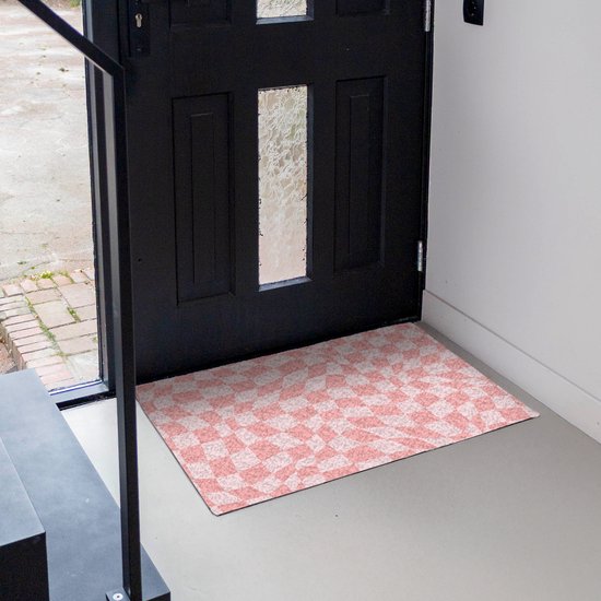 Paillasson 90x60 cm - Paillasson à motif carré - Rose - Lignes ondulées - Tapis d'intérieur - Paillasson avec imprimé - Paillassons avec housse anti-poussière