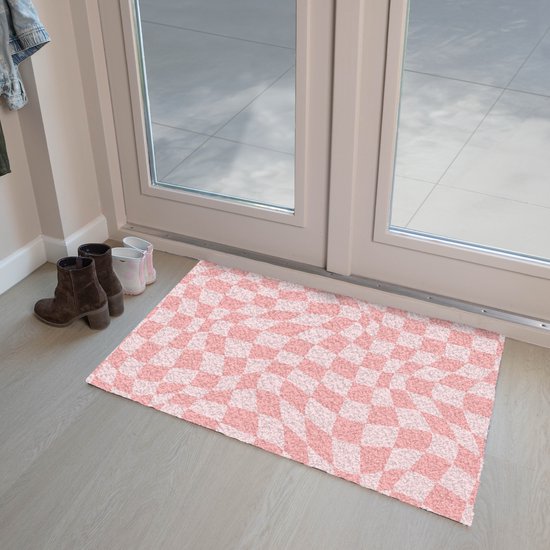 Paillasson 90x60 cm - Paillasson à motif carré - Rose - Lignes ondulées - Tapis d'intérieur - Paillasson avec imprimé - Paillassons avec housse anti-poussière