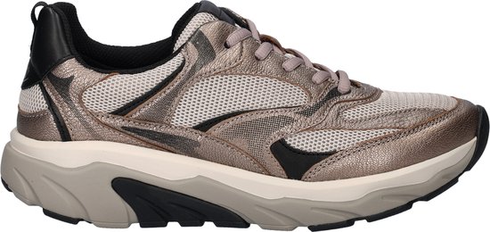 Grijze Gabor Rollingsoft sneaker van leer met mesh en zwarte details, op een beige, zwarte en grijze zool.