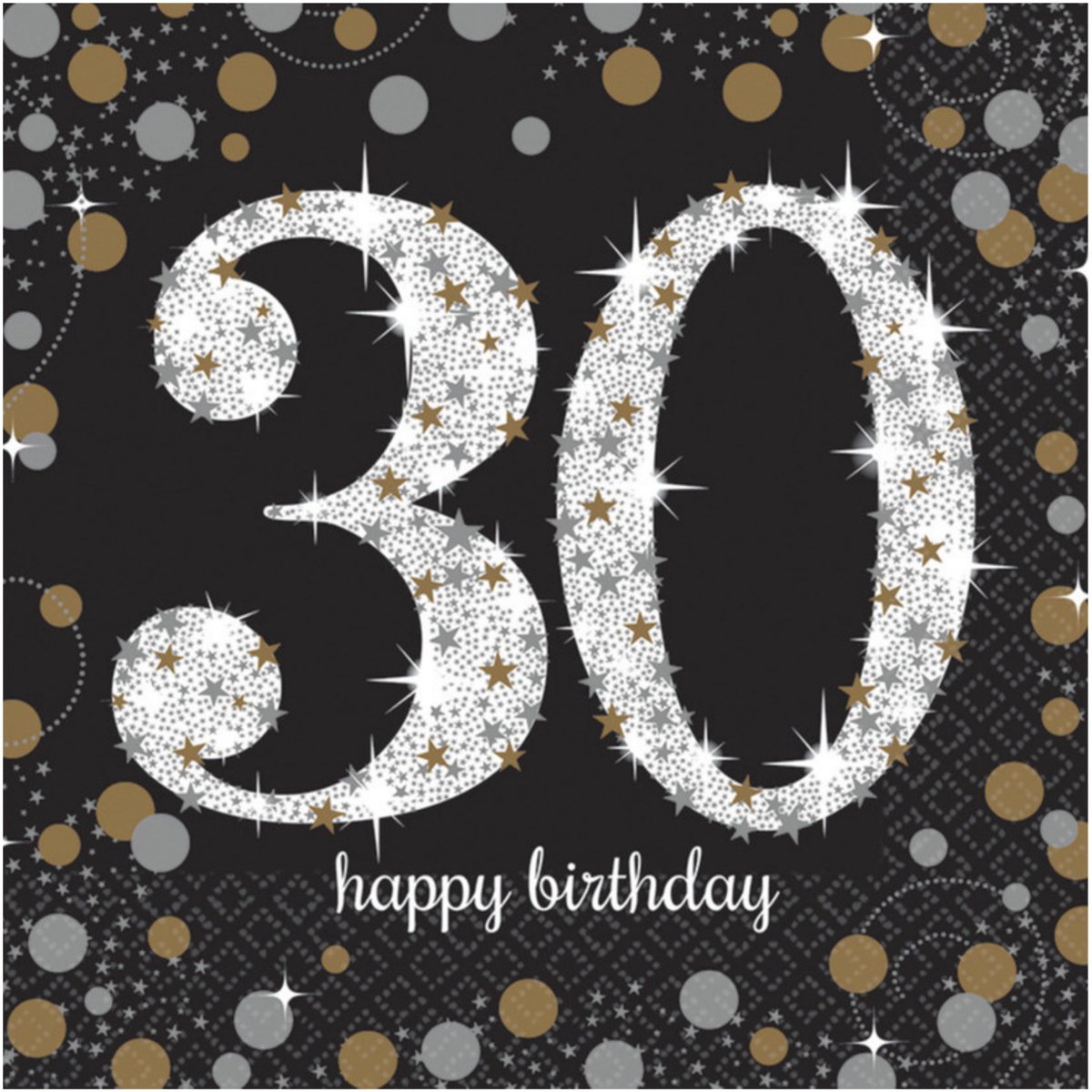 Amscan Servetten 30 jaar - 16x stuks - zwart - 33 x 33 cm - confetti - luxe - verjaardag