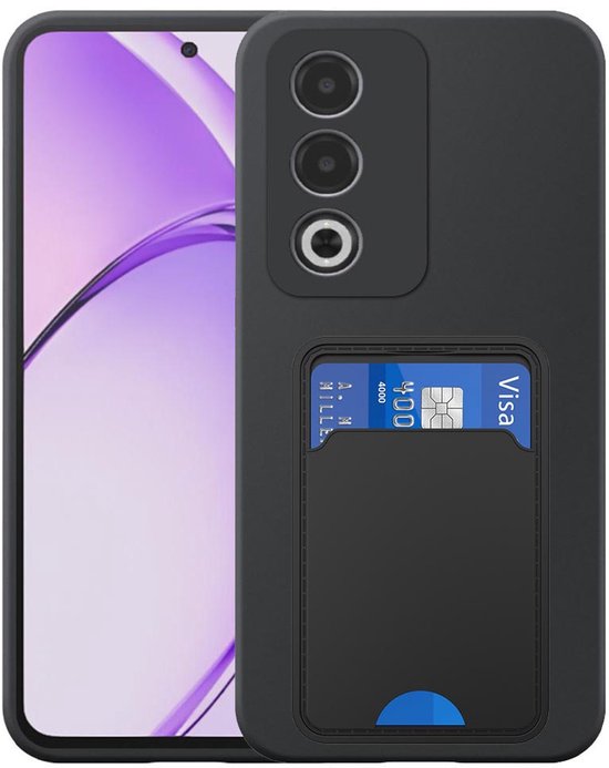 Zwart telefoonhoesje met pasjeshouder, zichtbaar op een telefoon met paars gestreepte achtergrond.
