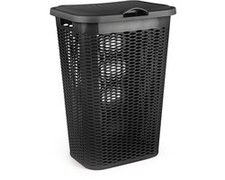 Plasticforte Wasmand Ventilation - met deksel - zwart - kunststof - 51 liter - 43 x 35 x 61 cm - Badkamer - Wasgoed - Nieuw design - Zeer stevig