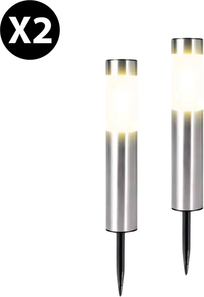Solar Tuinverlichting – 2 Stuks - Tuinverlichting op Zonneenergie – IP65 Waterdicht – Priklamp Padverlichting met Auto Aan/Uit – Decoratieve LED voor Tuin & Oprit - Zilver RVS - Buitenverlichting