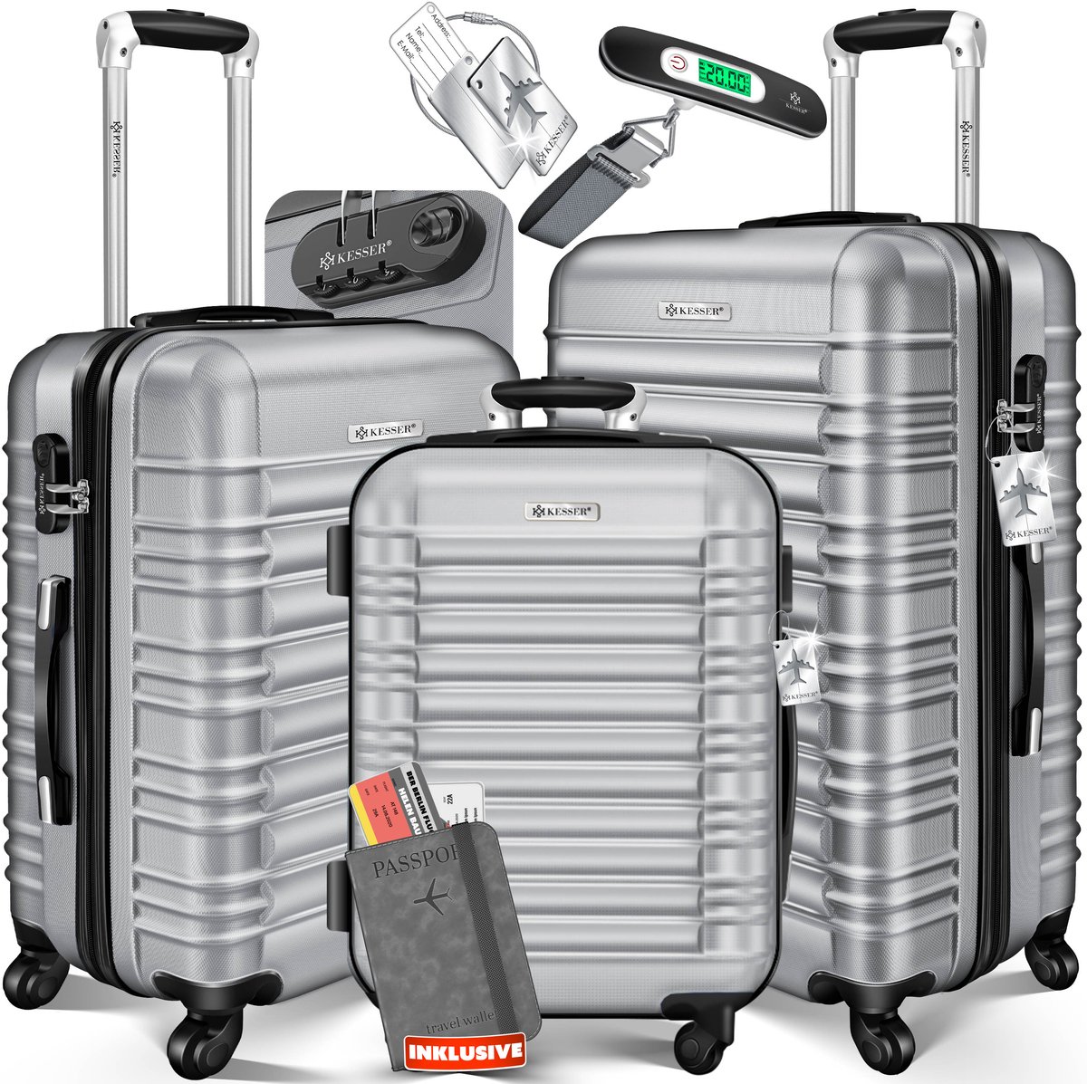 KESSER® 3x Koffer, reiskofferset, trolleykoffer harde kofferset incl. bagageweegschaal + bagagelabel rollend kofferslot 4 wielen ABS harde schaal telescopisch handvat M-L-XL - Zilver