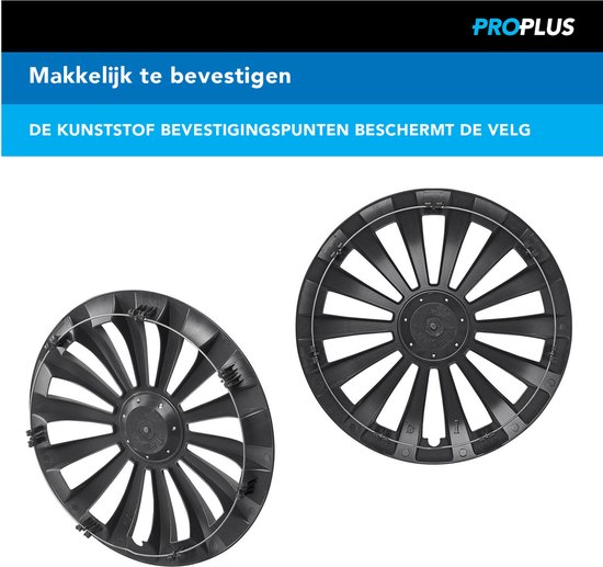 Zwarte wieldoppen met kunststof bevestigingspunten. Makkelijk te bevestigen.