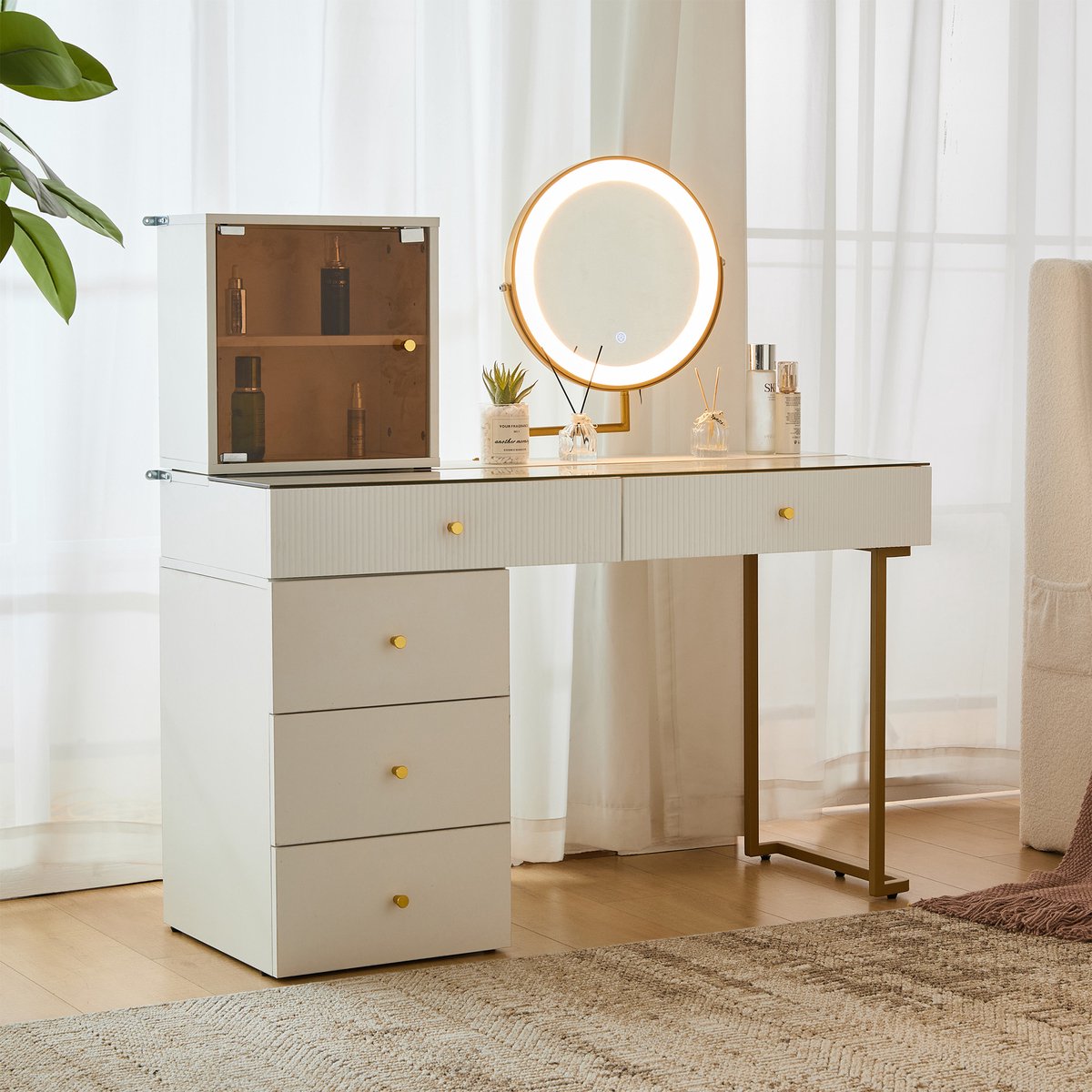 HAUSS SPOLE Kaptafel - Make-up Tafel Met LED Spiegel En Kippsicherung - 120x45x115 cm - Spaanplaat - Goud Wit