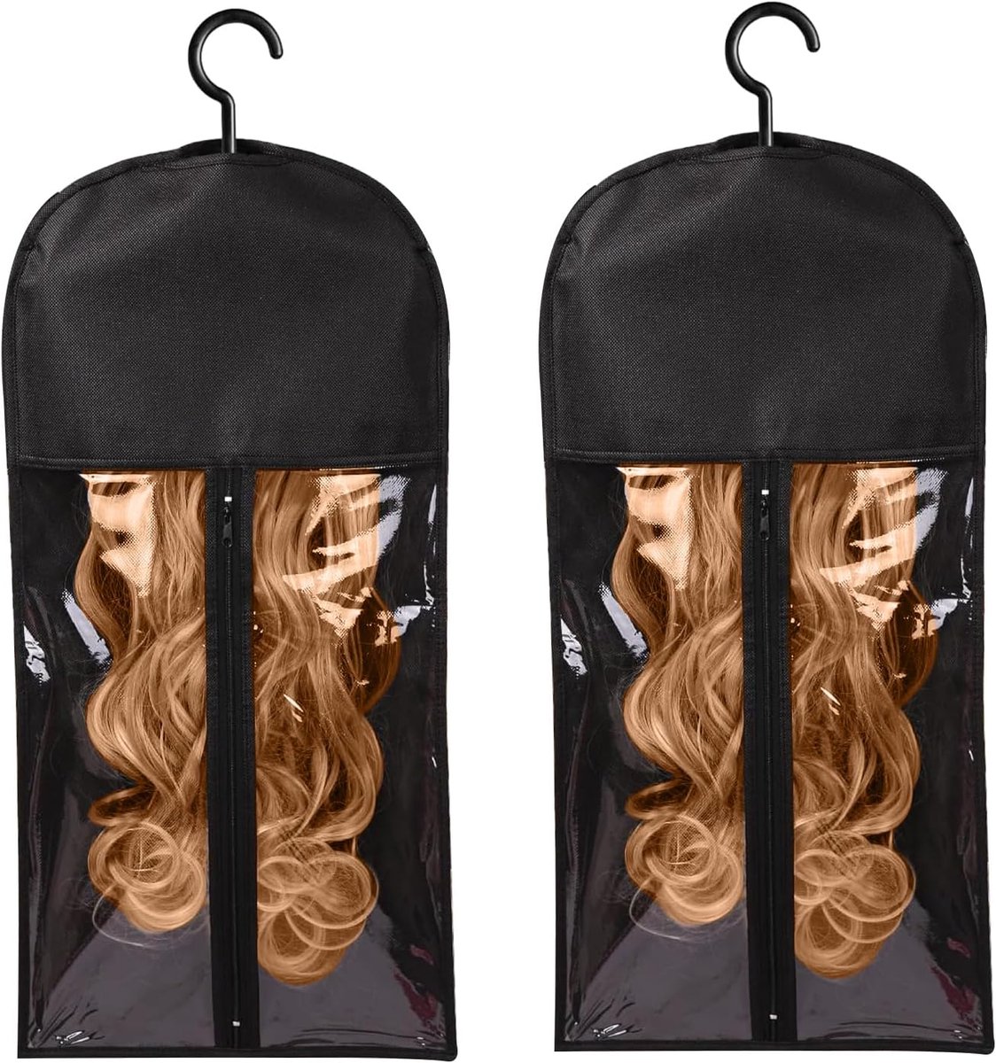 2-pack draagbare pruikenopbergzakken, stofdichte pruikenzakken, pruikenzakopbergzak met hanger, bescherming voor haarextensies, opbergzakken, pruikaccessoires voor dames (zwart)