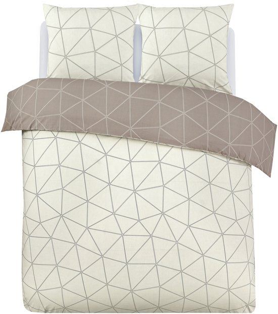Omkeerbaar tweepersoons dekbedovertrek beige met geometrisch lijnenpatroon en twee kussenslopen.