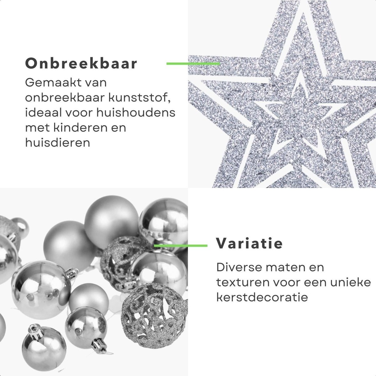 Cheqo® Luxe Kerstballen Set - Kerstballenset - Kerstdecoratie - Kerstboom Versieren - Kerstversiering - Onbreekbaar - Met Ophangoogje - Kerstversiering Kerstboom - Mat - Glans - Glitter - 101 Stuks - Zilver - Met Piek – foto 6