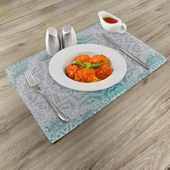 New de 4 Set de table à manger motif mandala ombré Grijs et bleu vert, tissu lavable avec envers antidérapant