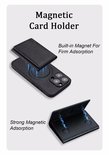 Zwarte magnetische pasjeshouder met tekst 'Built-in Magnet For Firm Adsorption'.
