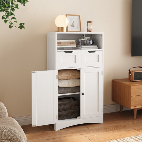 Foto: Xbro badkamerkast met 2 deuren en 2 lades hoge opbergkast met verstelbare planken brede kast voor badkamer keuken of slaapkamer 110 x 60 x 30 cm wit