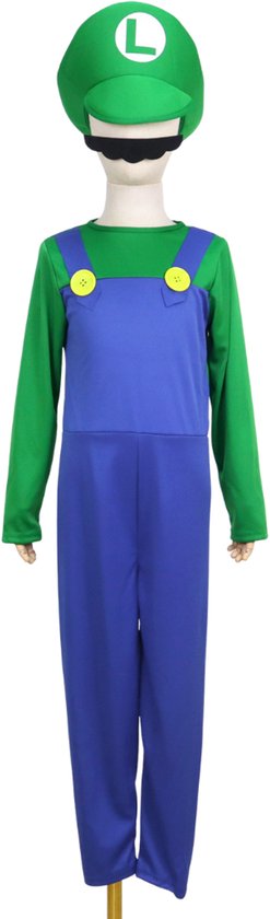Mannequin met een compleet Luigi-kostuum: groene pet, snor, groen shirt en blauwe tuinbroek met gele knopen.