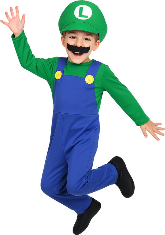 Joya Kids® Luigi Verkleedpak Kind | Inclusief Pet & Snor | Super Mario Verkleedkleding voor Jongens & Meisjes | Stretch Jumpsuit Carnaval & Halloween | Maat M