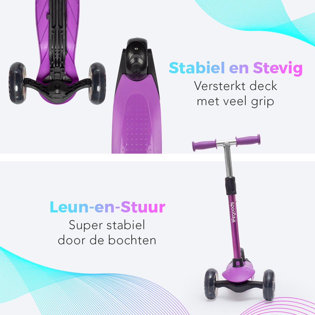 LifeGoods Kinderstep - Step 2-5 Jaar - 3 Lichtgevende LED Wielen - Hoogte Verstelbaar - Jongens/Meisjes - Paars — afbeelding 3