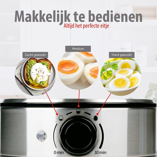 Drie niveaus van eieren: zacht gekookt op toast, medium zacht, en hard gekookt, met de eierkoker.