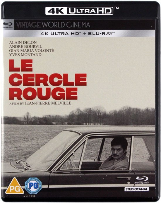 Voorzijde van de 'Le Cercle Rouge' 4K Ultra HD + Blu-ray-verpakking met de titel in rode letters en een afbeelding van Alain Delon in een auto.