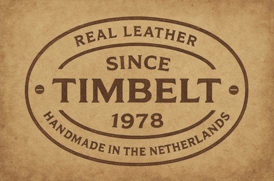 Logo van Timbelt: 'Real Leather Since 1978, Handmade in the Netherlands'.