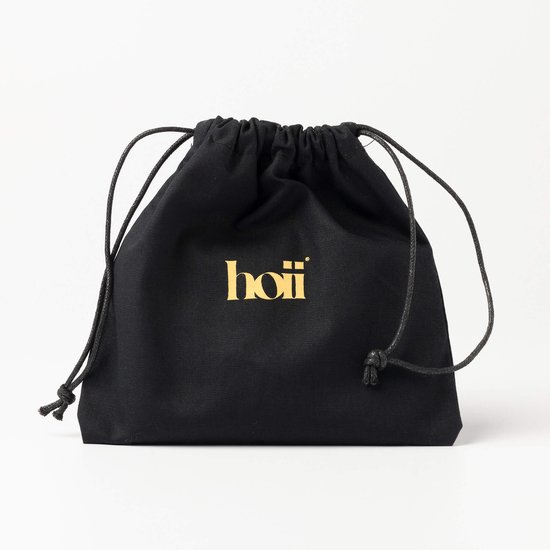 Sac de rangement noir à cordon de serrage et logo doré 'hoii'.